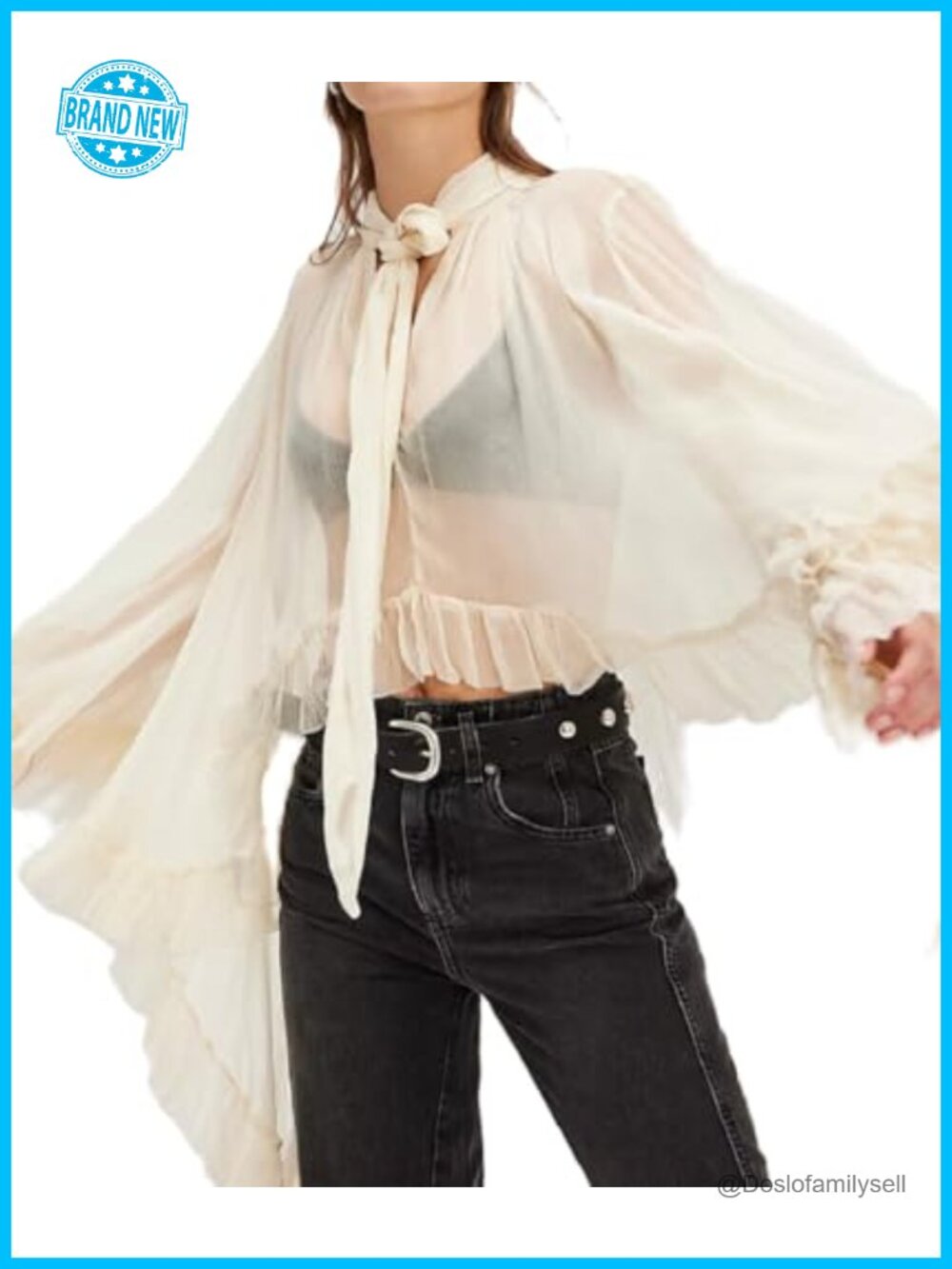Sheer Chiffon Ruffle Trim Tunic Blouse with Self Tie Neck Long Sleeve
